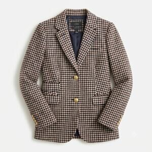 J CREW Tweed Schoolboy Blazer Brown Houndstooth 100% Wool Gold Buttons Womens 8